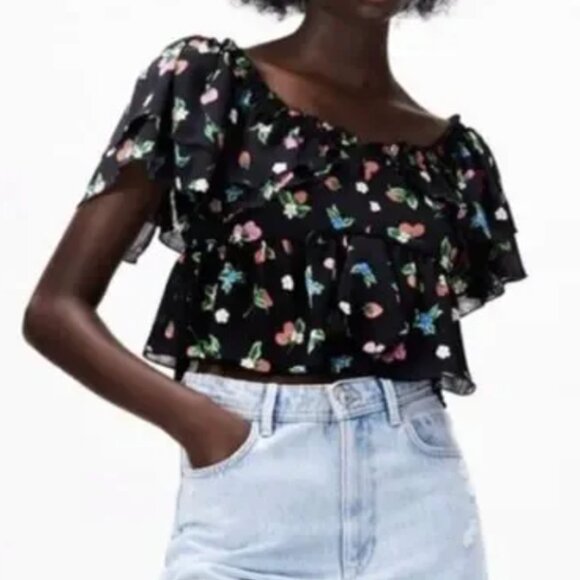 Zara | Black Floral & Berry Print Ruffle Crop Top | Size Small - Picture 2 of 15